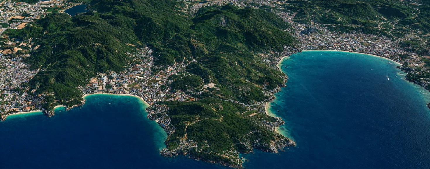 Aerial map view of Kamala Bay and the Millionaire's Mile headland, Phuket