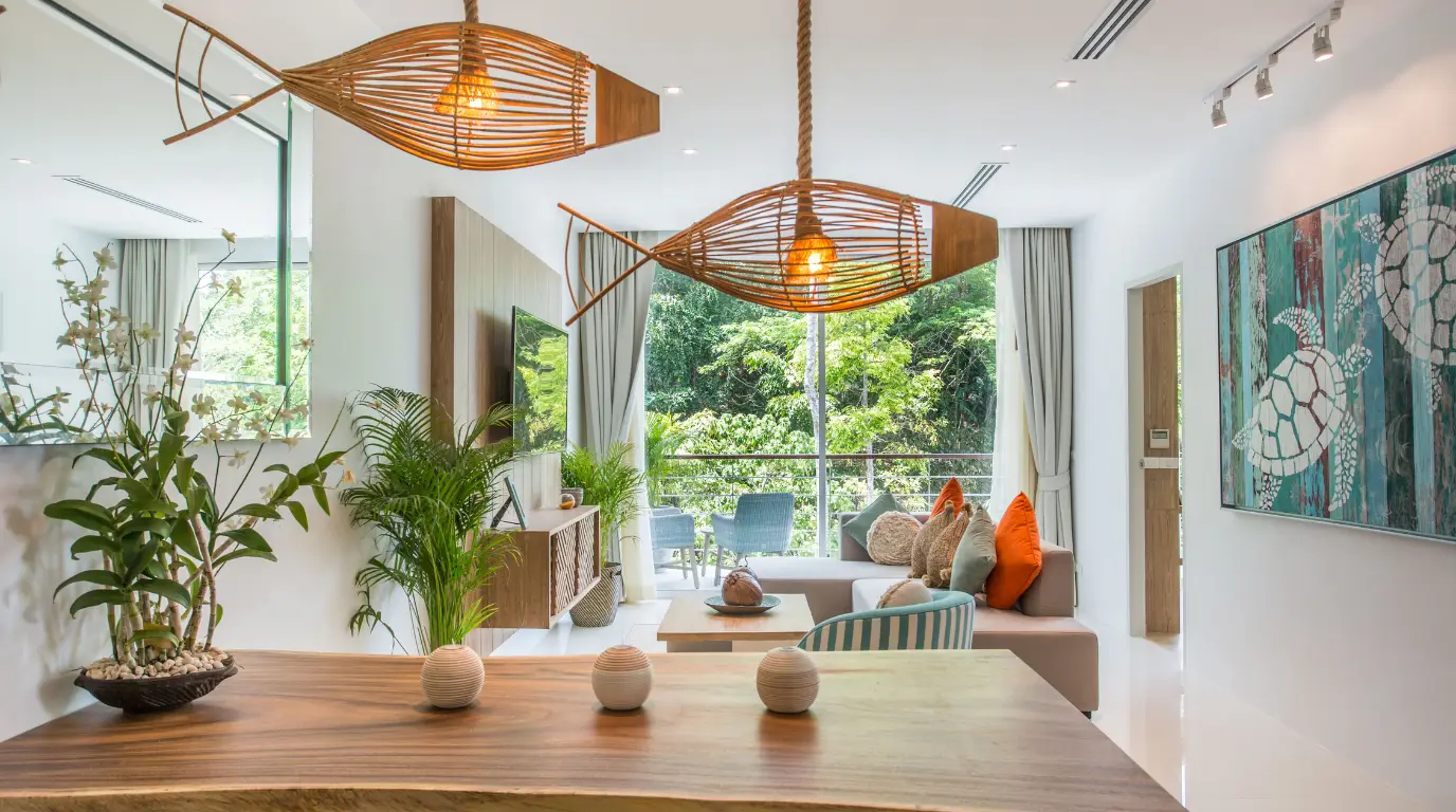 Living room by day with jungle views at Kamala Falls, Phuket